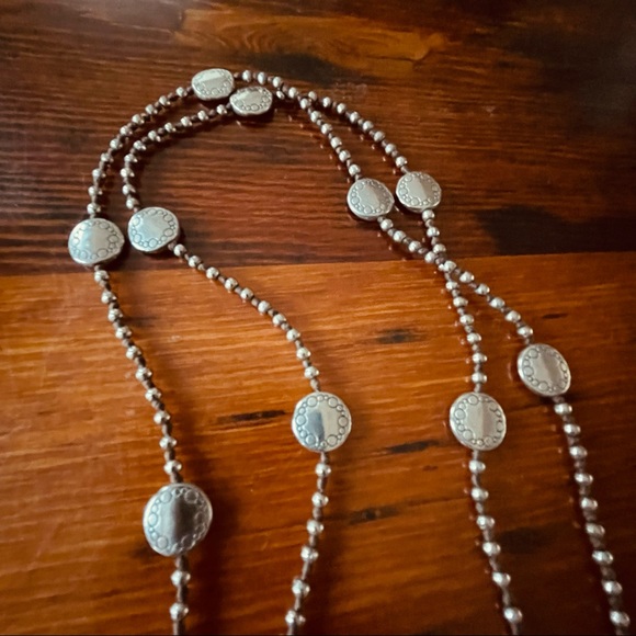 Silver bead layering necklace with leather knots 30 inches single or double wrap - Picture 2 of 9